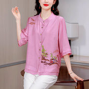 2024夏装中年女士棉麻短袖衬衫，新中式轻国风，洋气大码中袖上衣