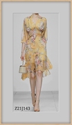珍思薇尼女夏装连衣裙黄色印花显瘦裙雪纺长裙拼接中袖二件套
