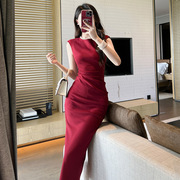红色无袖连衣裙女夏季法式修身包臀长款名媛，赫本小黑裙30174