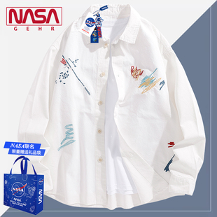 NASA联名白衬衫男长袖高级感春秋季美式夹克2024纯棉衬衣外套