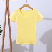 浅黄色短袖t恤女短款圆领修身简约纯色身体桖上衣纯棉打底衫舒适