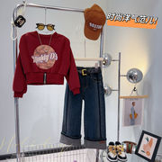 秋冬季女童韩版圆领设计感拉链字母洋气外穿印花卫衣牛仔裤套装潮