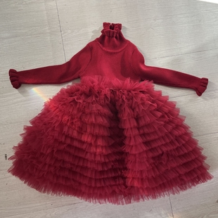 公主毛衣拼接网纱蛋糕，裙秋冬季女童长袖，针织纯棉打底衫蓬蓬裙酒红