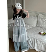 超美韩版女童装儿童中大童夏季蝴蝶结短袖T恤蕾丝连衣裙套装