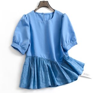 蓝色蕾丝镂空相拼显瘦显瘦荷叶边泡泡袖夏季短袖衬衫女装A343