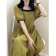 天丝短袖连衣裙女2023年夏季韩版宽松法式气质方领收腰中长裙
