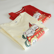 夏季日系学院方卡通小熊印花圆领红色短袖T恤女米色宽松上衣