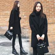 韩版宽松显瘦黑色呢子，大衣中长款毛呢外套，女潮加棉厚反季秋冬