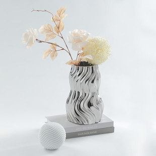 轻奢风银色花瓶创意陶瓷摆件，客厅茶几简约插花玄关餐厅装饰花器