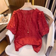 红色雪纺衬衫女夏季2024洋气时尚拼接圆点设计感宽松短袖上衣