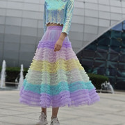 彩虹色蛋糕裙重工纱裙显瘦搭配毛衣蓬蓬裙法式洋气中长款半身裙