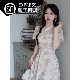 新中式国风蕾丝短袖连衣裙，女夏装2024系带，改良旗袍裙印花长裙