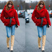 冬季博主街拍红色仿皮草，时尚百搭加厚保暖夹棉短大衣，外套送腰带女