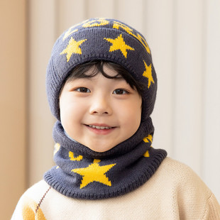 儿童帽子围巾两件套男童冬季加绒毛线帽女童保暖护耳帽宝宝套头帽