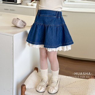 韩国女童牛仔蕾丝内衬蛋糕裙，半身裙2024春季儿童洋气甜美短裙