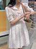 韩国chic夏季法式田园风娃娃，领重工蕾丝，刺绣收腰显瘦碎花连衣裙女
