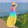 海边度假连衣裙长裙旅游黄色大码沙滩，吊带适合海滩，夏季粉色女渡假