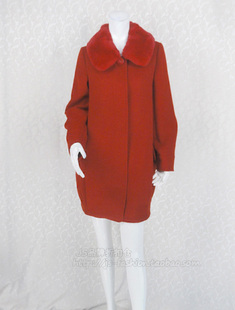 新年价!玛*曼可 獭兔毛领气质红色女冬羊毛呢大衣外套9700188