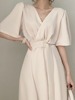 韩国chic夏季法式小众气质交叉V领腰带收腰中长款喇叭袖连衣裙女