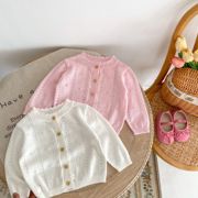 春夏季婴儿甜美纯色开衫薄款女宝宝防晒空调衫长袖针织镂空小外套