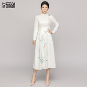 绵羊毛中国风秋季刺绣花优雅白色长袖立领舒适气质女士旗袍连衣裙