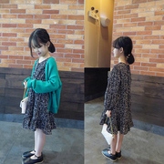 韩国童装2020秋款文艺淑女气质小树叶，气绑带荷叶边雪纺女童连衣裙