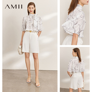 amii2024夏季雪纺衫女洋气，时尚印花飘带，短袖衬衫花瓣袖上衣女