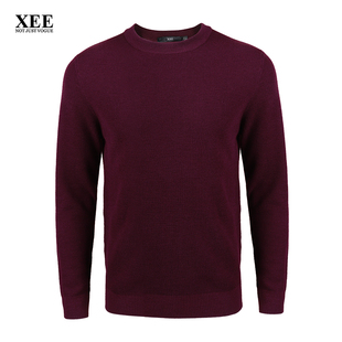 XEE商场同款 秋季男士枣红色羊毛衫圆领套头衫 欧美简约保暖毛衣