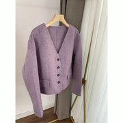 9125温柔紫色双面尼短外套，v领短大衣，廓形西装女2023春装