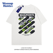 WASSUP夏季字母美式涂鸦短袖男个性街头潮牌重磅纯棉情侣t恤半袖