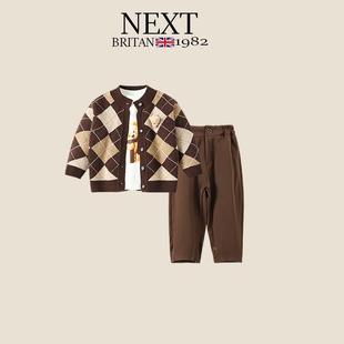 英国next男女童套装0-7岁秋季学院风洋气针织外套长裤三件套