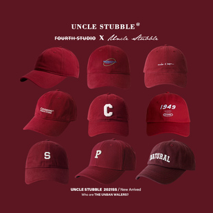 胡茬叔叔红色帽子酒红色棒球帽，枣红色复古鸭舌帽男本命年防晒帽女