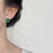 绿玛瑙天然石新中式高品质复古日常宫廷银针圆球耳钉气质优雅耳饰