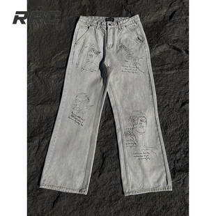 RRC 美式原创小众设计手绘涂鸦复古图案微喇叭宽松阔腿做旧牛仔裤