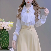 公主家3727韩版气质荷叶边雪纺，衬衫长袖衬衣+高腰半身裙两件套装