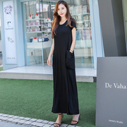 黑色短袖长裙女夏莫代尔，韩国东大门口袋a字，超长款打底宽松连衣裙