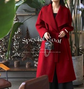 韩国长款羊毛大衣536大红色，无扣系腰绳时尚气质女装羊毛大衣