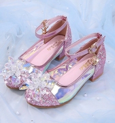女童公主鞋高跟钢琴，演出皮鞋软底单鞋，粉色小女孩灰姑娘水晶鞋