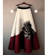 红色撞色玫瑰印花半身裙秋冬高端欧货洋气半裙原创设计感女装长裙