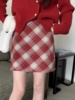 复古红色格子毛呢半身裙女秋冬格纹小个子短裙，包裙高腰a字包臀裙