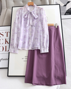 影系!紫色碎花吊带两件套雪纺衬衫，女+高腰，气质显瘦a字半身裙女
