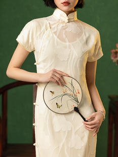 中式复古真丝绉夏装纯色长款旗袍 镂空露背假两件套 优雅显瘦
