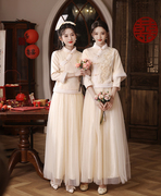 中式伴娘礼服2023冬季姐妹伴娘，团加厚加绒保暖高级礼服闺蜜裙