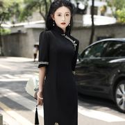 复古2024新中式级感改良旗袍黑色针织连衣裙秋季中袖裙子女装
