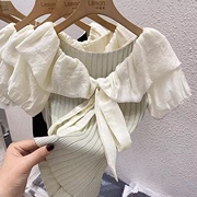法式V领短袖T恤女夏季系带蝴蝶结设计感小众荷叶边冰丝针织衫上衣