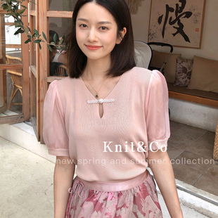 knitco粉色珍珠盘扣新中式针织衫女2024夏季雪纺拼接短袖上衣