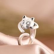 990足银猫咪戒指可爱小众设计日系开口可调节不掉色食指戒女纯银