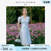 Petite Studio 夏季Reverie海岛烟蓝法式镂空欧根纱泡泡袖连衣裙