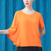 30姆米重磅真丝橙色圆领不对称蝙蝠袖风琴褶个性桑蚕丝T恤衫