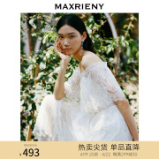 maxrieny蕾丝连衣裙夏季一字，肩仙女裙洋气甜美白色中长裙